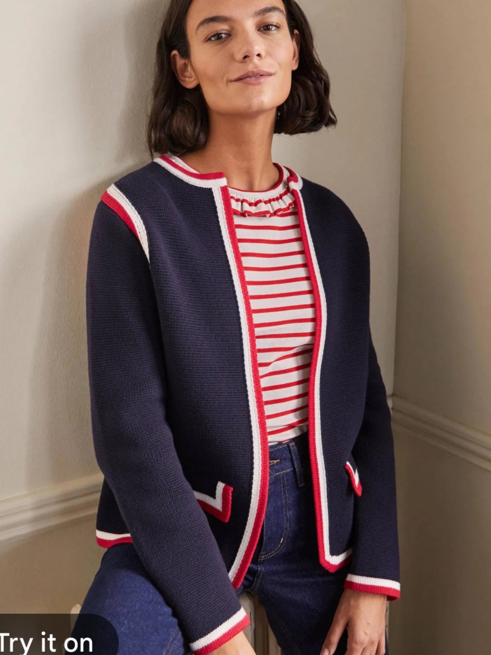 BODEN Navy Stripe Trim Knit Jacket 12 Cardigan Cotton Wool Blend